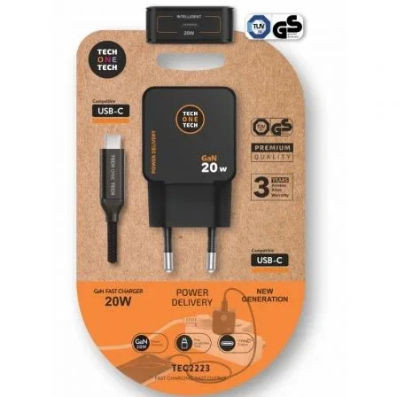 Tech One Tech Cargador GaN 20W Negro con Cable USB-C de 1m TEC2223 Tech One Tech Cargador GaN 20W Negro con Cable USB-C de 1m TEC2223